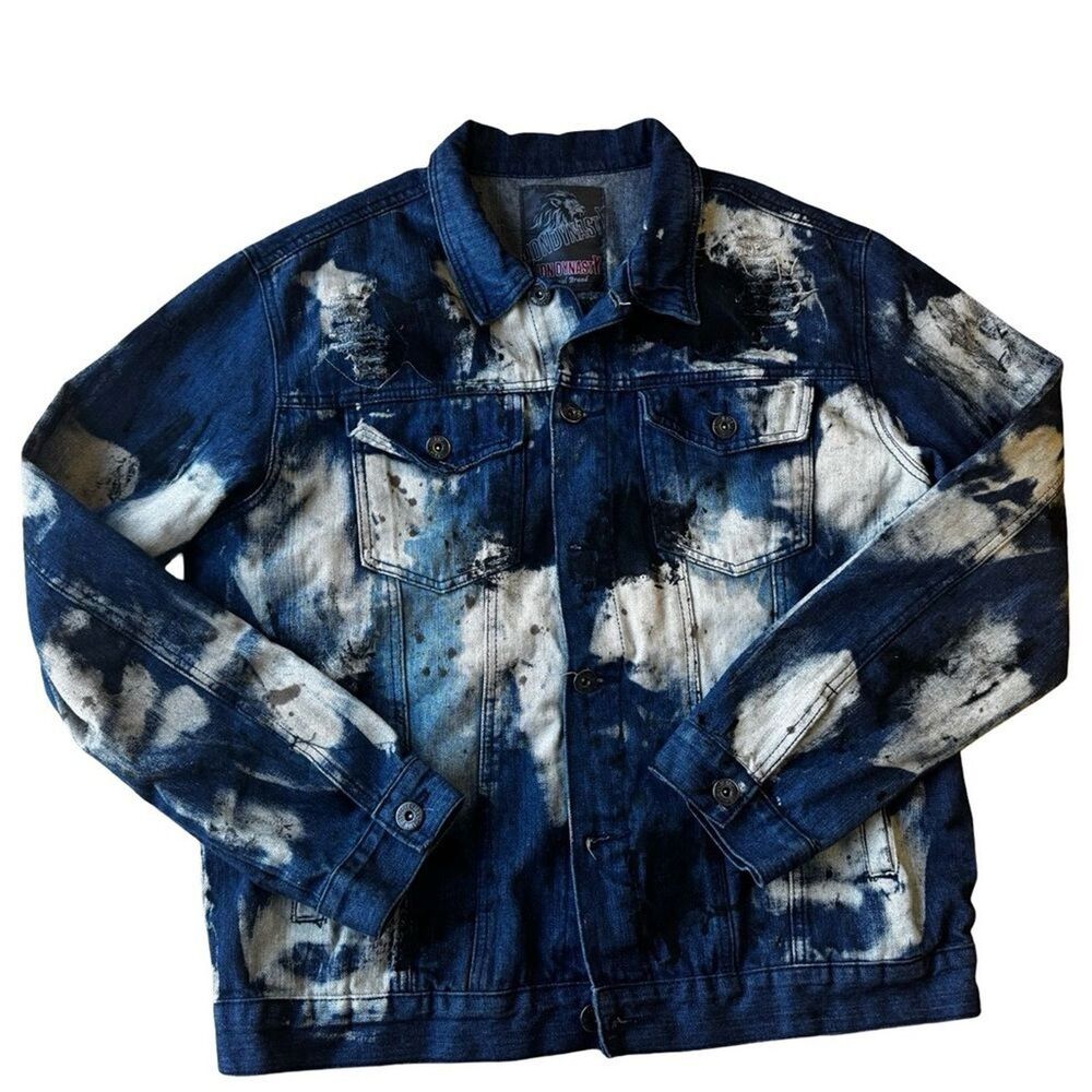 Lion Dynasty Paint Splatter Denim Jacket Men’s XXL Blue Streetwear